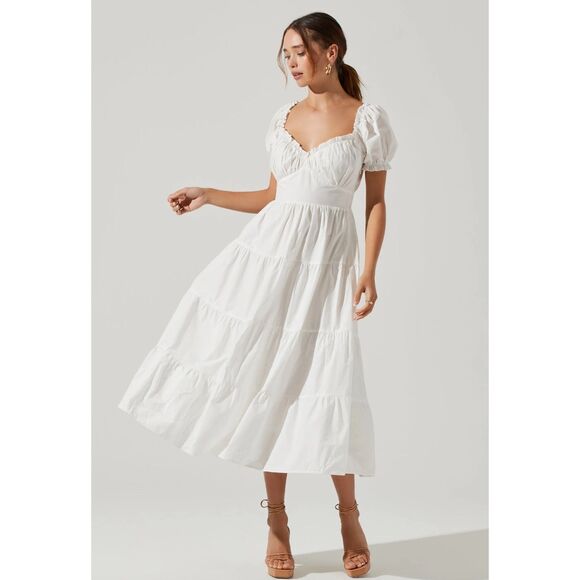 ASTR The Label Short Sleeve Cinched Bust Midi Dress White Sz XS 100% Cotton - Picture 1 of 11